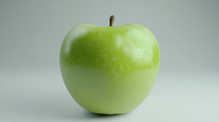 Perfectly ripe green apple with water droplets on its skin is sitting on a white backgroundの素材