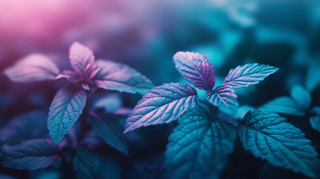Close-up of fresh mint leaves growing under purple led lightsの素材