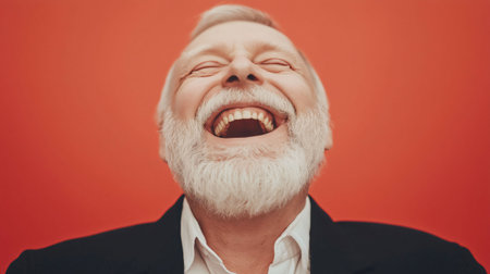 Older businessman with a big white beard is laughing with his head back and eyes closedの素材