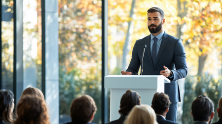 Businessman is standing at a podium, speaking to an audience at a corporate eventの素材