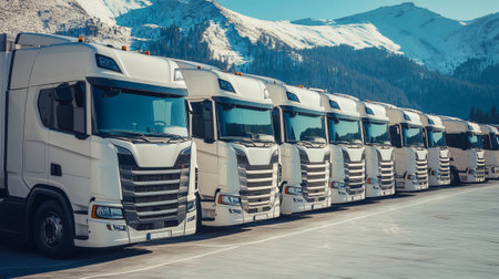 Fleet of white electric semi trucks charging at a charging stationの素材