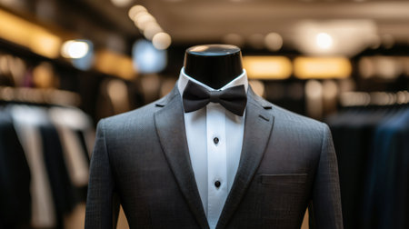 Elegant gray suit with bow tie is displayed on a mannequin in a menswear storeの素材