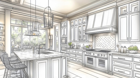 Architect is putting the finishing touches on a beautiful kitchen design for a modern homeの素材