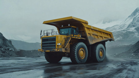 Large yellow mining truck driving on a road in an open pit mine with snow-capped mountains in the backgroundの素材