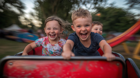 Three young children are laughing hysterically while riding a rollercoaster at an amusement parkの素材