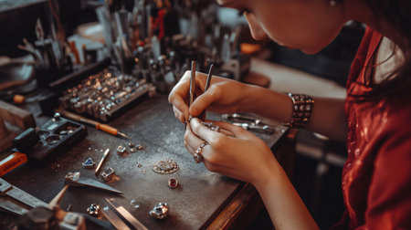 Jeweler is using tweezers to work on a ring, setting a sapphire surrounded by diamondsの素材