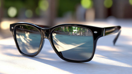 Black sunglasses with a blurry reflection of trees on a white surfaceの素材