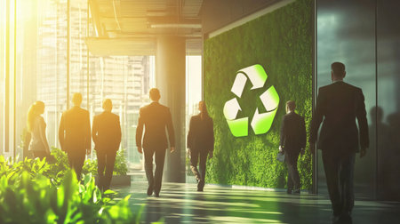 Business people walking in a modern office with a green wall and a recycling signの素材