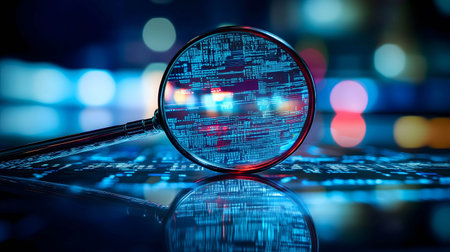 Magnifying glass is magnifying lines of code on a circuit board with bokeh in the backgroundの素材