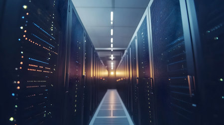 Server room data center corridor with flashing server racks and warm sunset light at the end of the corridorの素材