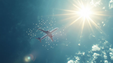 Airplane is flying through a bright sunny sky, connected to a network of dotsの素材