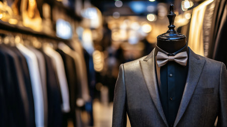 Elegant mannequin is wearing a suit and bow tie in a retail storeの素材