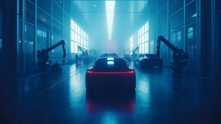 Modern car factory with robotic arms assembling electric vehicles in dark blue environmentの素材
