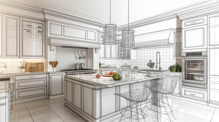 Architect showing a modern kitchen design with island, cabinets, oven and extractor hoodの素材