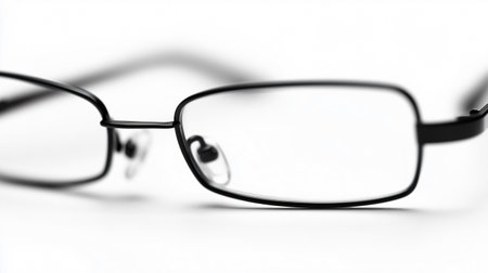 Pair of black rimmed eyeglasses is resting on a white surfaceの素材