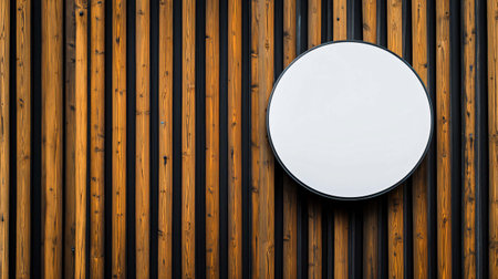 Round white empty signboard with black frame is hanging on a modern design wall with vertical wooden planksの素材