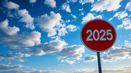 Concept about the future with a red road sign showing the year 2025の素材