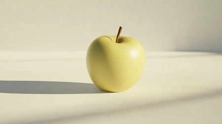 Yellow apple is casting a shadow on a white background in the afternoon sunの素材