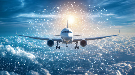 Passenger airplane flying above the clouds with a network connection surrounding itの素材