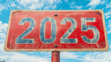 Rusty red sign showing the year 2025, providing a concept of future and hopeの素材
