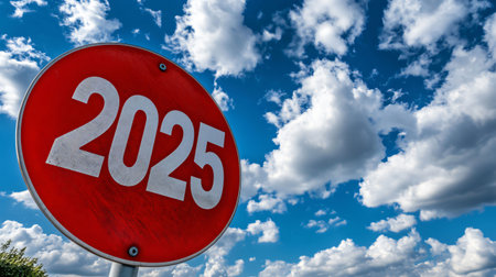 Red road sign displaying the year 2025, set against a vibrant blue sky dotted with fluffy white clouds, symbolizing future aspirations and the passage of timeの素材