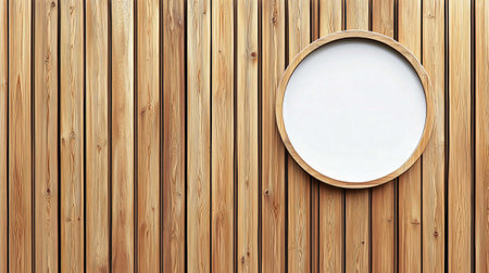 Round wooden frame hanging on a wooden wall, creating a stylish and modern interior design elementの素材