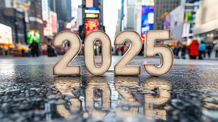 Large illuminated numerals 2025 celebrating the new year in times square new york city with blurry people in the backgroundの素材