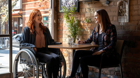 Two businesswomen are enjoying their business lunch meeting while discussing work at a restaurant tableの素材