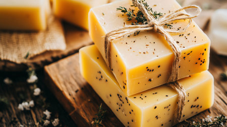 Three bars of natural soap are stacked on top of each other, tied with twine and decorated with thymeの素材