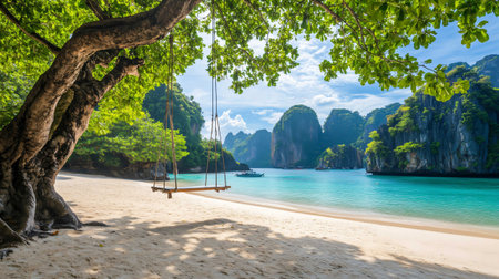 Swing is hanging from a tree on a beautiful tropical beach with turquoise waterの素材