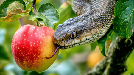 Snake tasting a ripe red apple hanging from a tree branch with its tongue outの素材
