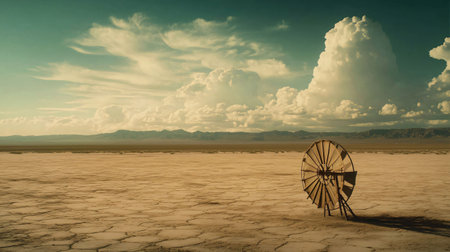 Rusty windmill is standing alone in the desert with dramatic clouds filling the skyの素材