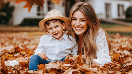 Mother and her son are laughing while playing in a pile of leavesの素材
