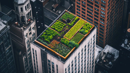 Urban garden is growing on a rooftop in the middle of a city centerの素材