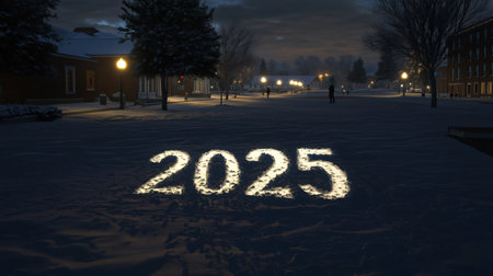 The year 2025 is illuminated in the snow on a college campus at nightの素材