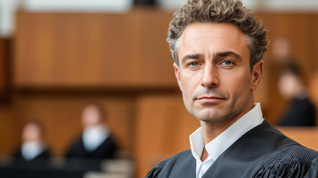 Portrait of a serious male judge in a courtroom, other judges are blurred in the backgroundの素材