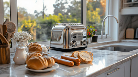 Modern toaster is sitting on a marble countertop in a bright kitchen, surrounded by bread and sausagesの素材