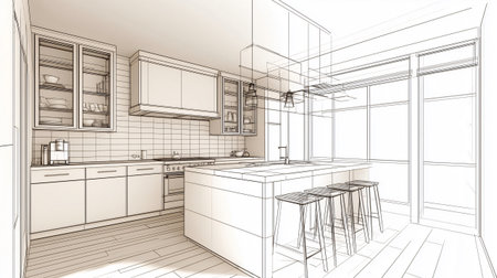Architect is showing a modern kitchen design with an island, cabinets, and stoolsの素材