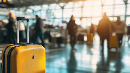 Yellow suitcase is standing in a busy airport terminal with blurred travelers in the backgroundの素材