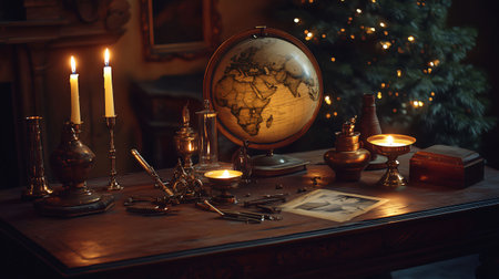 Antique desk is decorated for christmas with a globe and candles, creating a warm and inviting atmosphereの素材