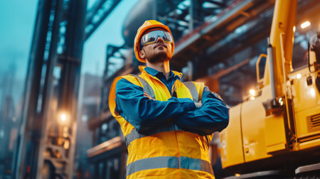 Construction worker wearing a hard hat and reflective vest with arms crossed standing in front of heavy machinery at an industrial siteの素材