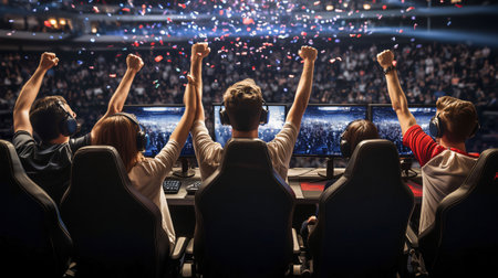 Team of gamers is raising their arms in victory while sitting in front of their computersの素材