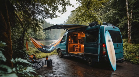 Camper van is parked near a lake in a forest, with a hammock and surfboard nearbyの素材