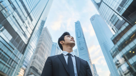 Young businessman is looking up at the sky with a thoughtful expression on his face, surrounded by tall buildingsの素材