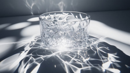 Empty crystal bowl is casting bright caustic light reflections on a white surfaceの素材