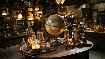 Vintage globe surrounded by glassware and lit candles, creating warm and inviting atmosphere in apothecaryの素材