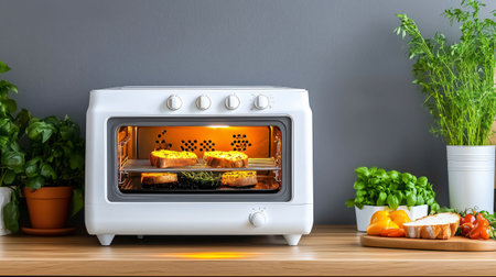 White electric oven baking four slices of garlic bread on a wooden countertop in a modern kitchenの素材