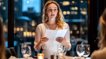 Young businesswoman reading from a document during business meeting in an elegant restaurantの素材