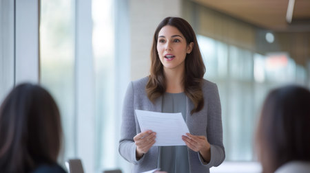 Businesswoman presenting report to colleagues in a modern office meetingの素材