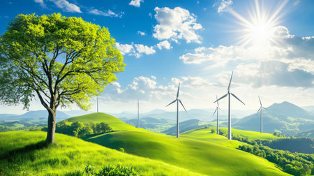 Wind turbines generating clean energy in a green landscapeの素材